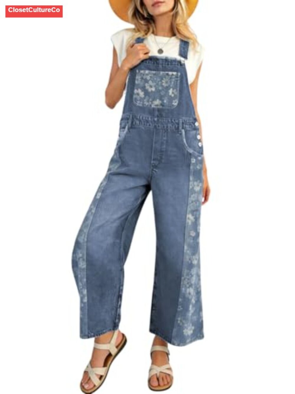 Wide Leg Denim Overalls Bib Floral Print Cropped Jeans Jumpsuit Adjustable Strap